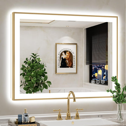 40x30 LED Bathroom Mirror with Lights, Gold Framed Lighted Mirror | Backlit and Front light, Anti-Fog, 3 Color Dimmable, Memory, Tempered Glass, IP54 Waterproof, UL Listed