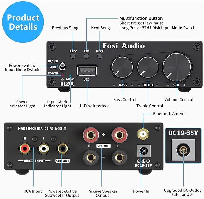 Fosi Audio BL20C Bluetooth 5.0 Stereo Audio Receiver Amplifier 320 Watts 2.1 CH - Image 2