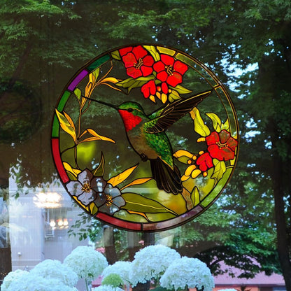 Window Stickers Hummingbird Static Glass Clings Window Decals Flower and Bird Reusable Home Decor(Round)