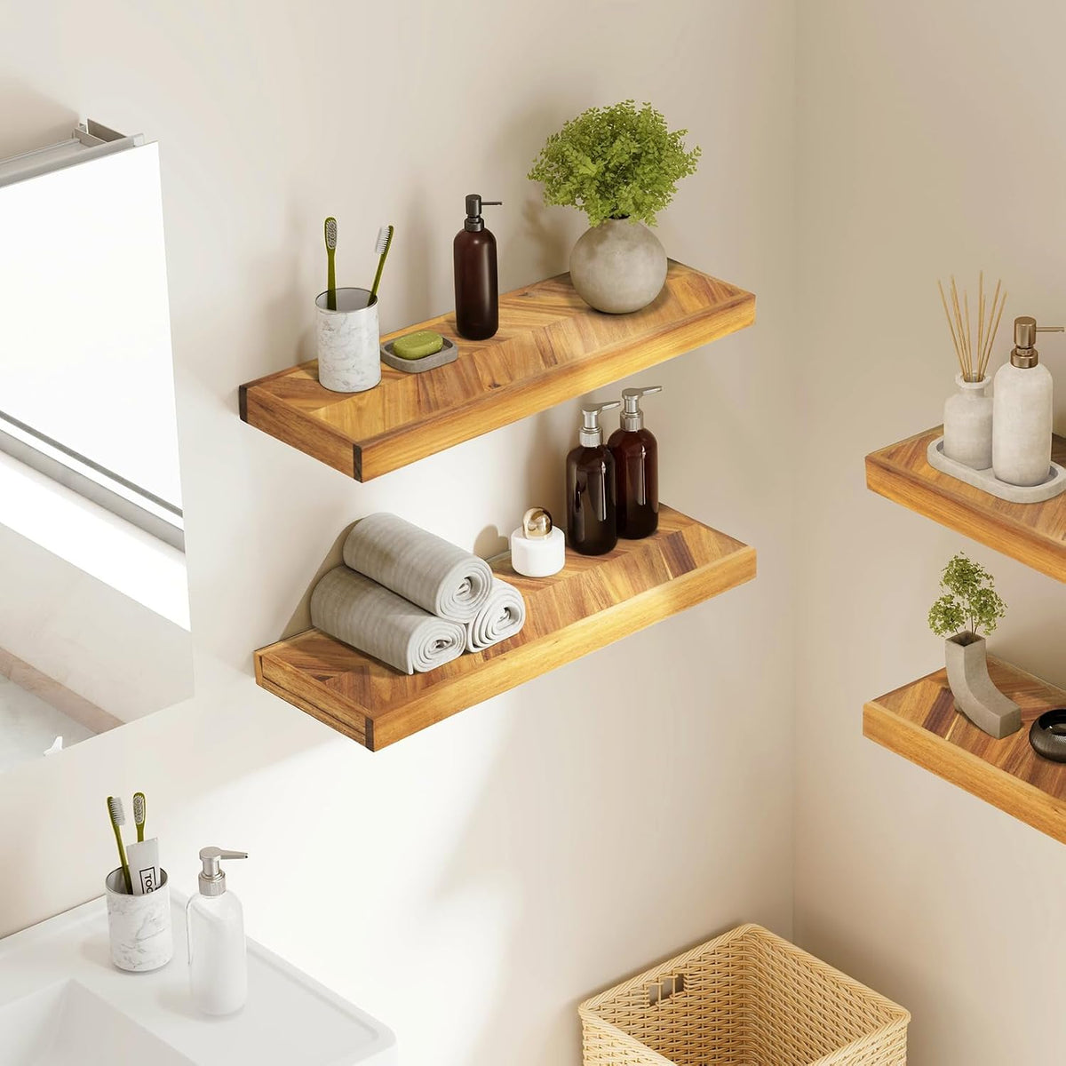 Howizz 36" Acacia Chevron Floating Shelves Set of 2 - Wall Mounted Woode...