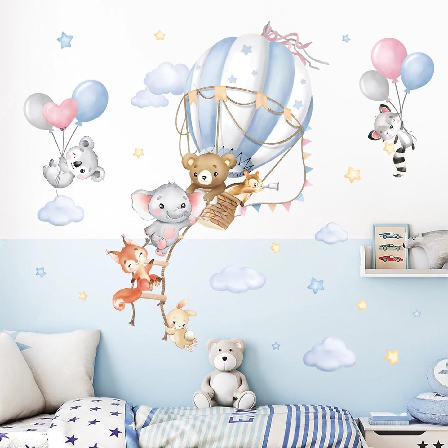 wondever Large Hot Air Balloon Animals Wall Decals Bear Elephant Fox Peel and Stick Wall Art Stickers for Kids Baby Nursery Bedroom | Peel and Stick, Removable, Wall Art Decals, Wall Decoration, Kids Room, Bedroom Baby Nursery Playroom Decor