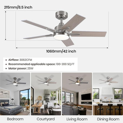 SODSEA Ceiling Fans with Lights, 42 Inch Nickel Ceiling Fan with Light and - Image 3