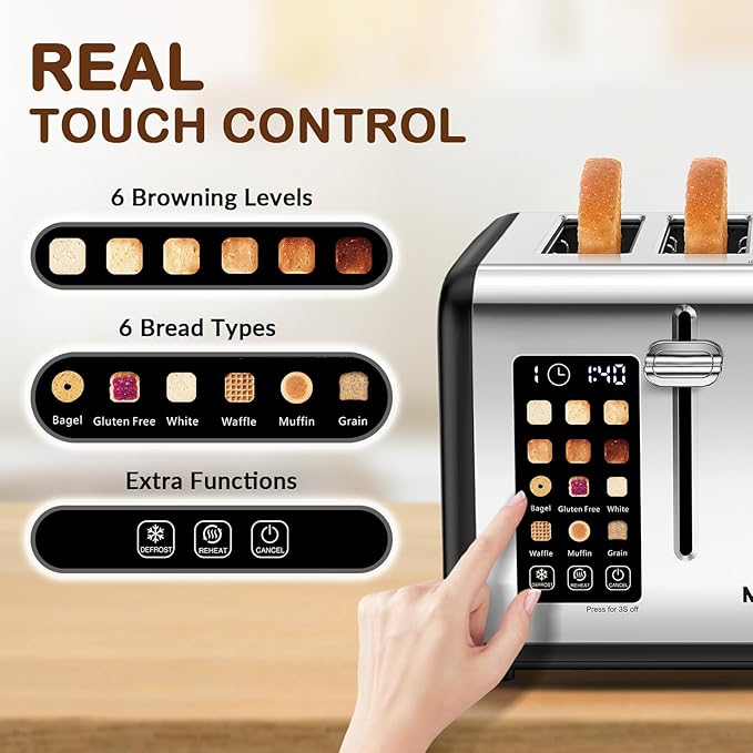 Mecity 4 Slice Toaster with Touch Screen Control, 4 Wide Slots, Stainless Steel - Image 2