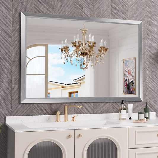 Amorho 60 X40 Inch Bathroom Mirror Silver, Thick Metal Framed Wall Mirrors by Amorho