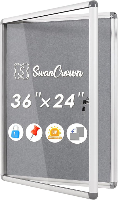 SWANCROWN Enclosed Bulletin Board 36x24 in, Tamperproof Lockable Grey Felt by SWANCROWN