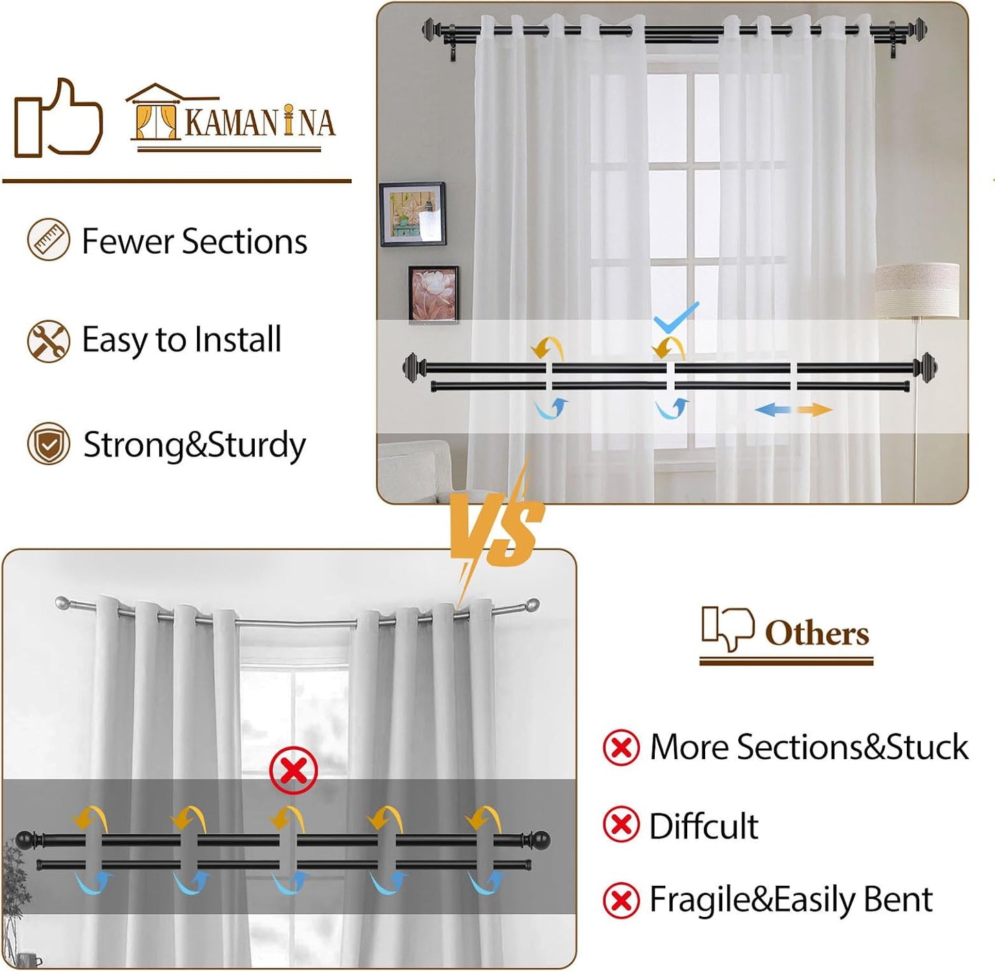 KAMANINA Double Curtain Rods for Windows 72-144 Inches Black Heavy Duty | 1 Inch Telescoping, 6-12 Feet Extra Long, Dual Curtain Rod for Living Room, Sliding Glass Door, Square End
