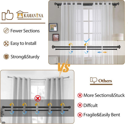 KAMANINA Double Curtain Rods for Windows 72-144 Inches Black Heavy Duty | 1 Inch Telescoping, 6-12 Feet Extra Long, Dual Curtain Rod for Living Room, Sliding Glass Door, Square End