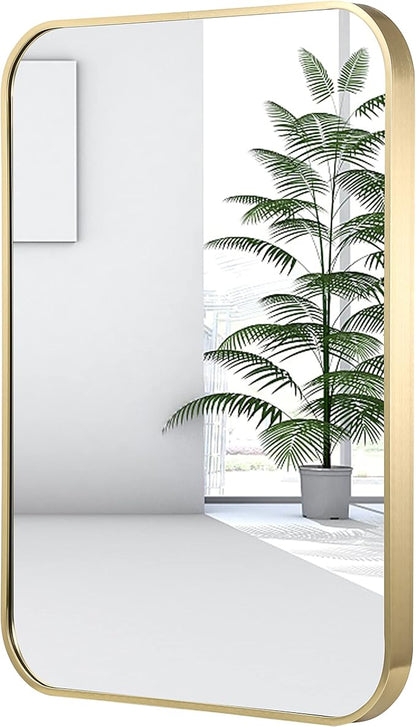 24x36 Inch Gold Bathroom Mirror, Brushed Gold Metal Framed Rectangular Mirror by JENBELY