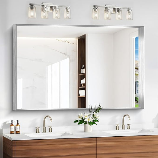 Silver Bathroom Mirror, 36x55 Inch Rectangular Deep Frame Mirror, Large Wall by Unknown