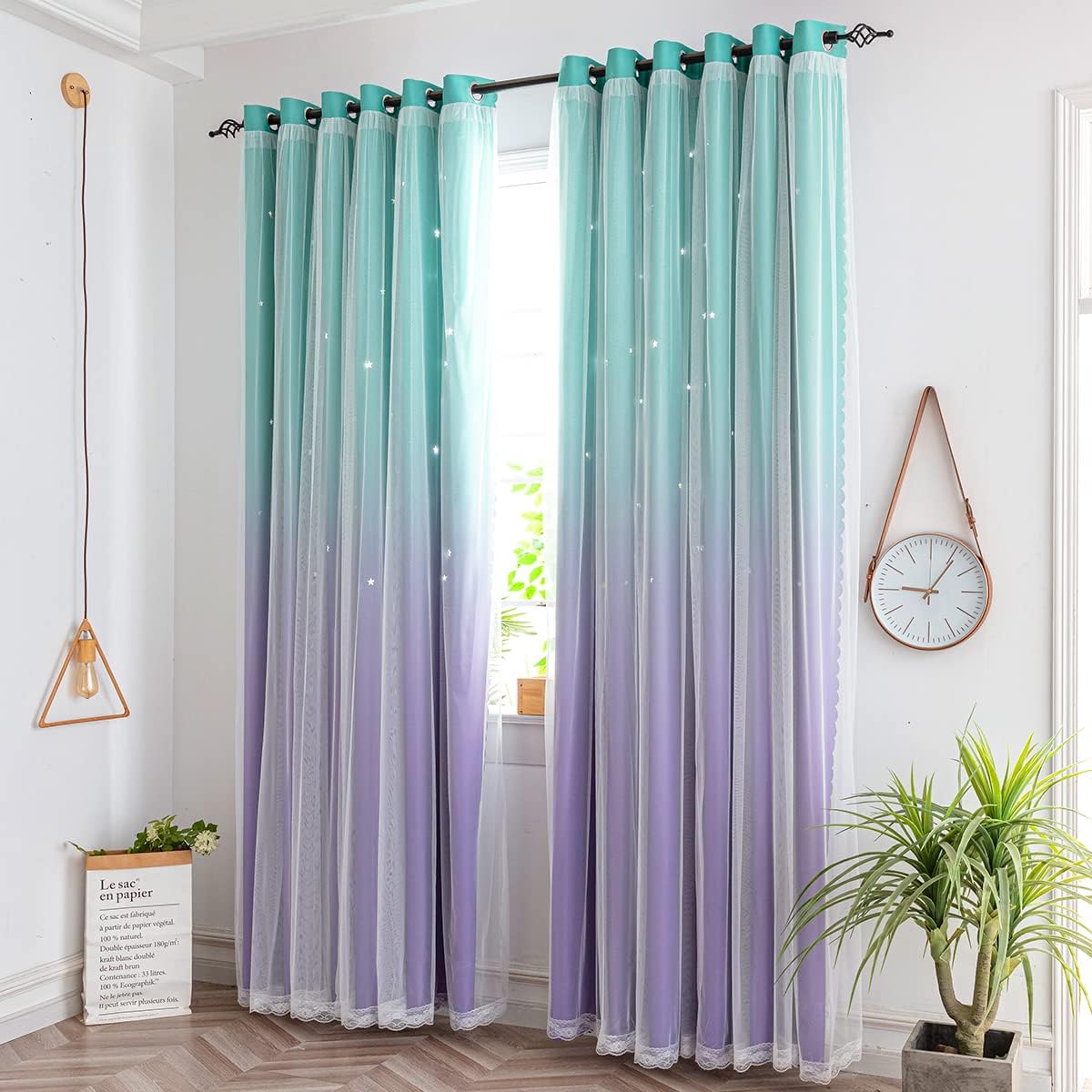Kids Curtains for Girls Bedroom Princess Curtains for Daughter Room 96 Inches Long Star Curtains with Tieback & 3 Bowties(Purple Teal,W52*L96),1 Panel