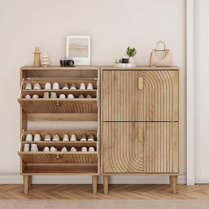 Smuxee Shoe Cabinet with 2 Flip Drawers, 23.6" Oak Hidden Shoe Storage Cabinet - Image 3