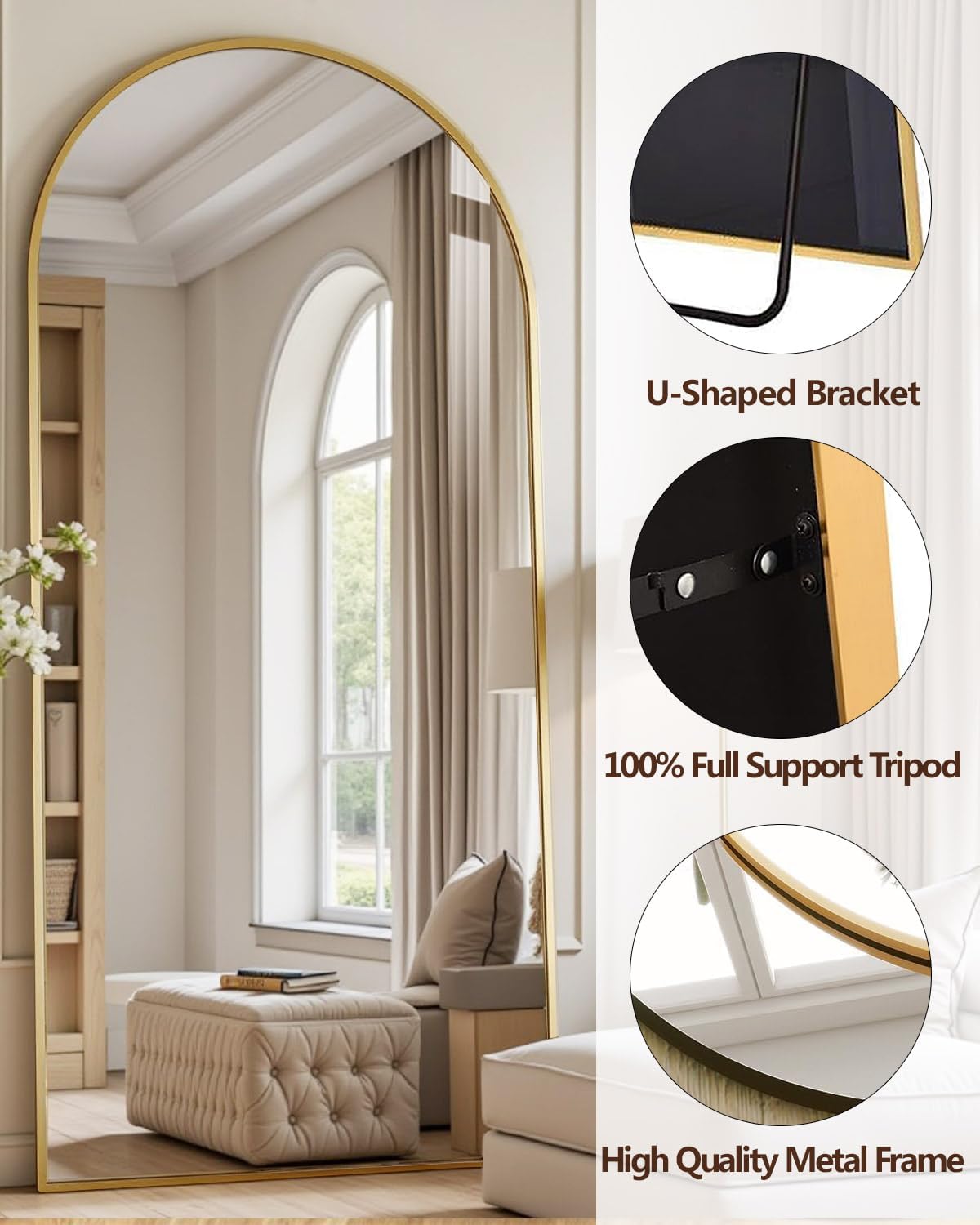 DMWOODFL 81"x41" Arched Full Length Mirror - Extra Large Floor Standing/Wall Mounted Mirror with Stand, Shatter-Resistant Gold Aluminum Frame for Bedroom, Living Room & Dressing Area