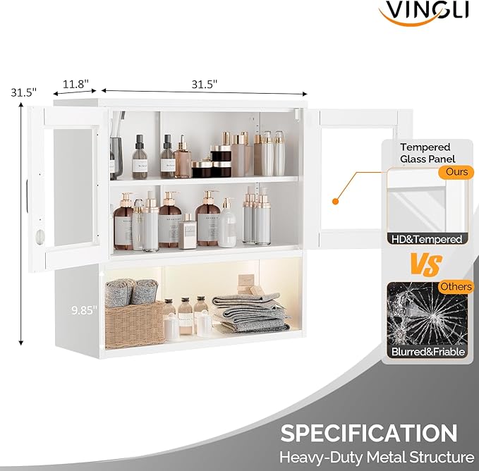 VINGLI Metal Wall Cabinet with Locking Glass Doors & Magnetic LED Sensor Light - Image 3