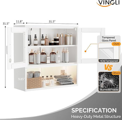 VINGLI Metal Wall Cabinet with Locking Glass Doors & Magnetic LED Sensor Light - Image 3