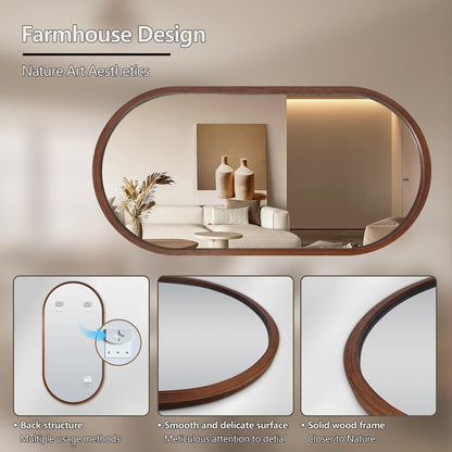 Oval Full Length Mirror, 48"X24" Wood Wall Mirror, Walnut | HD Shatter-Proof, Wall Mounted Mirror for Home Decor, Bedroom Living Room Entryway Coloakroom, Horizontal/Vertical