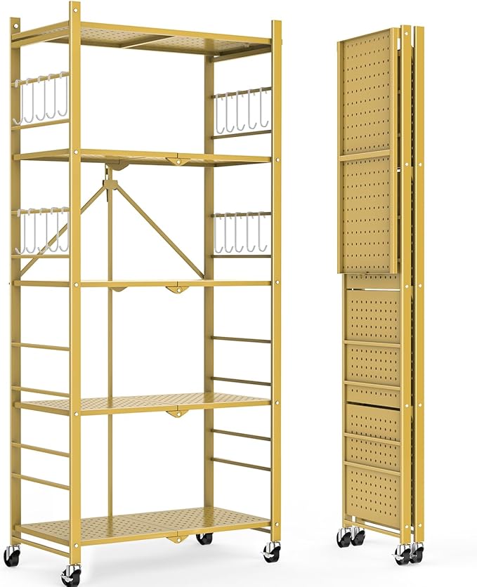 Storage Shelves with 20 Hooks, 5-Tier Foldable Shelves by Himix