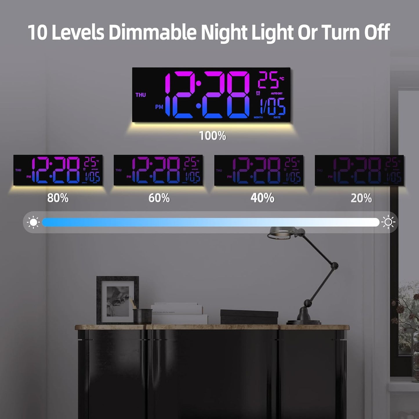 HAITANG 8 Colors Digital Wall Clock, 16.2" Large Digital Clock with Temperature, Date, Auto DST, Night Light, Auto Brightness Dimmer, 24/12-hour Wall Clock for Living Room Office Classroom Gym