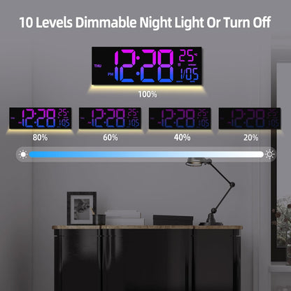 HAITANG 8 Colors Digital Wall Clock, 16.2" Large Digital Clock with Temperature, Date, Auto DST, Night Light, Auto Brightness Dimmer, 24/12-hour Wall Clock for Living Room Office Classroom Gym