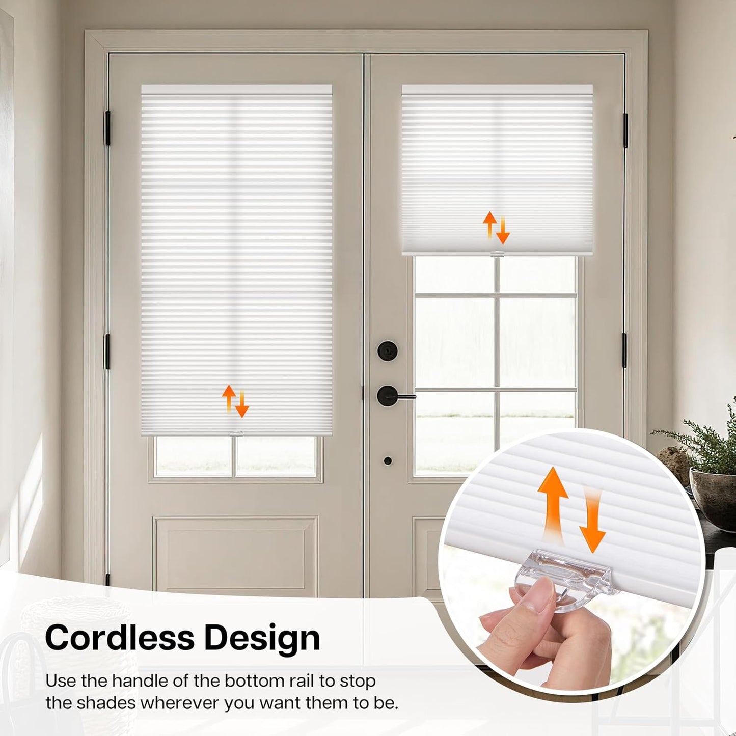 LazBlinds No Drill Cordless Cellular Shades for Doors, 22" W x 78" H, White | Light Filtering Fabric, With Thermal Insulation & Noise Reduction, for Sliding Doors Front Door Patio, 1 Pack