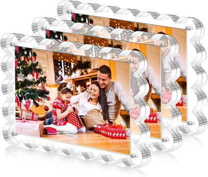 3 Pack Acrylic Picture Frame - 4x6 Magnetic Picture Frames | Double Sided Magnet Frames,10+10mm Thick Block, Clear Frameless Photo Scalloped Freestanding for Desktop Display