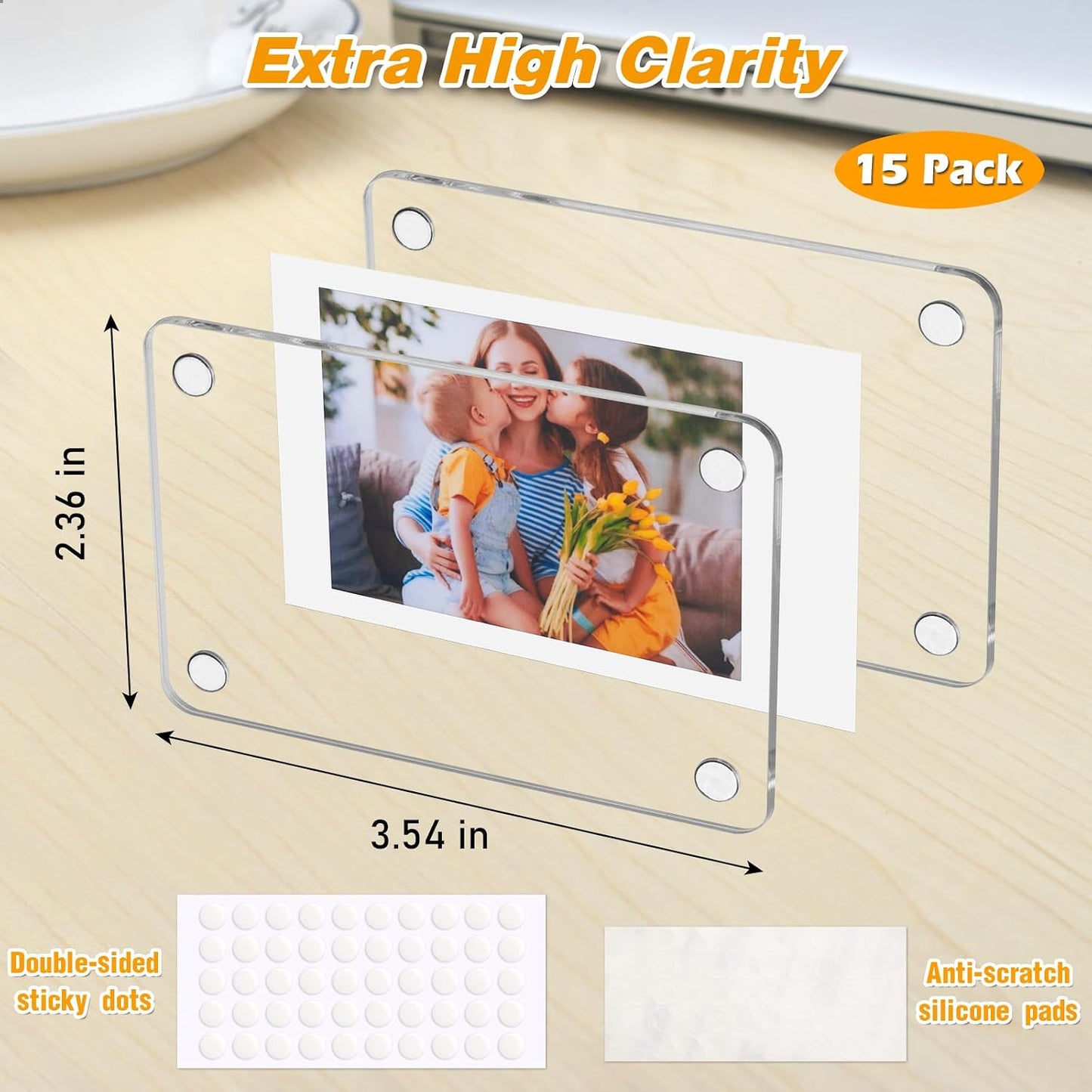 SUNEZLGO 15 Pack Acrylic Fridge Magnetic Frame for Polaroid, 2.36x3.54 In Mini Picture Frames for Fujifilm Instax Mini, Double Sided Photo Refrigerator Magnet Picture Frame Clear Picture Display Frame