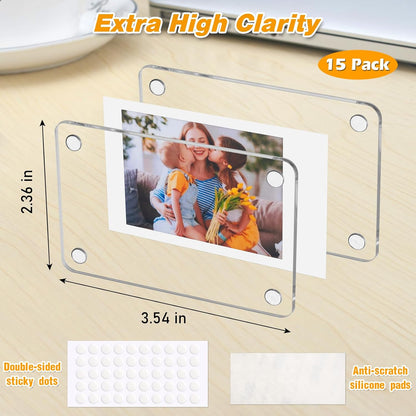 SUNEZLGO 15 Pack Acrylic Fridge Magnetic Frame for Polaroid, 2.36x3.54 In Mini Picture Frames for Fujifilm Instax Mini, Double Sided Photo Refrigerator Magnet Picture Frame Clear Picture Display Frame