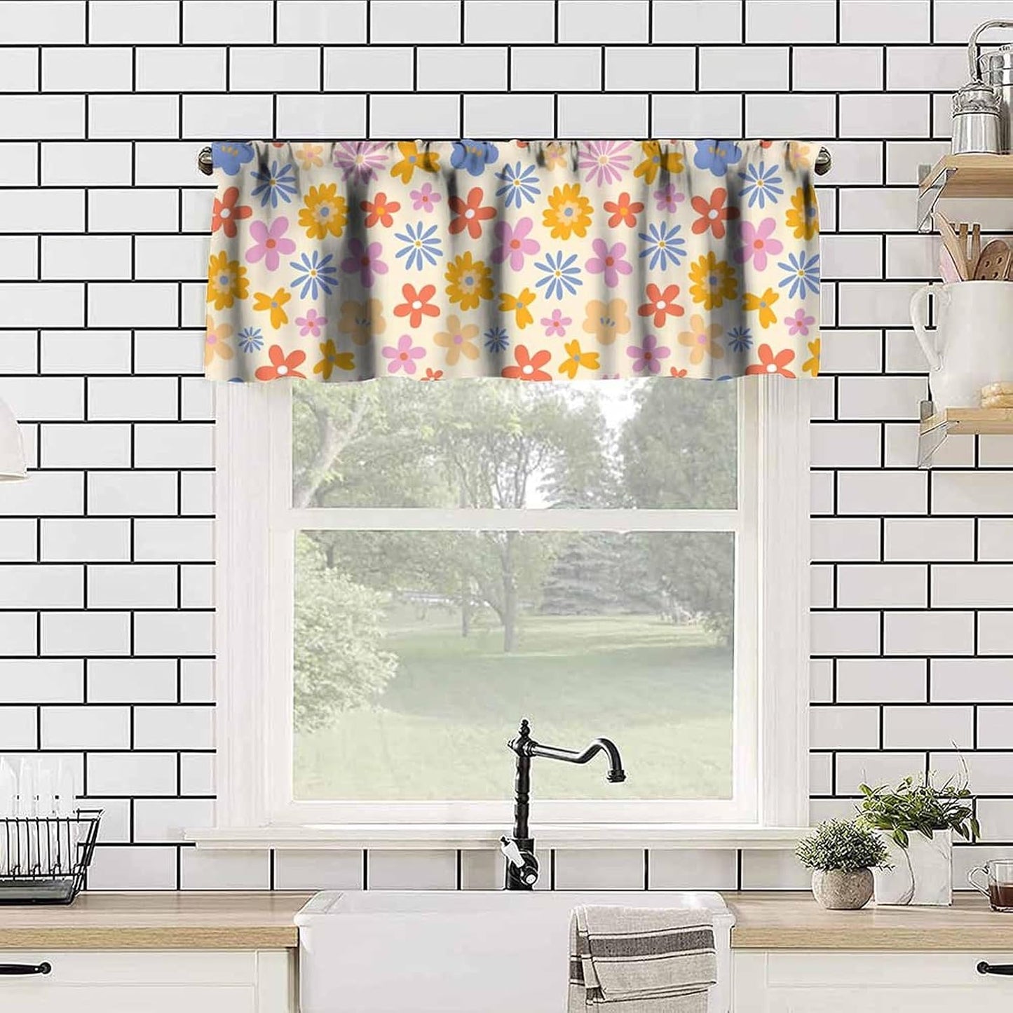 Cute 70s Flower Valance, Abstract Vintage Groovy Daisy Floral Cartoon Pink Blue Orange Flowers Print Blackout Window Curtain for Kids Girls Boys Bedroom Livingroom, 54x18inch