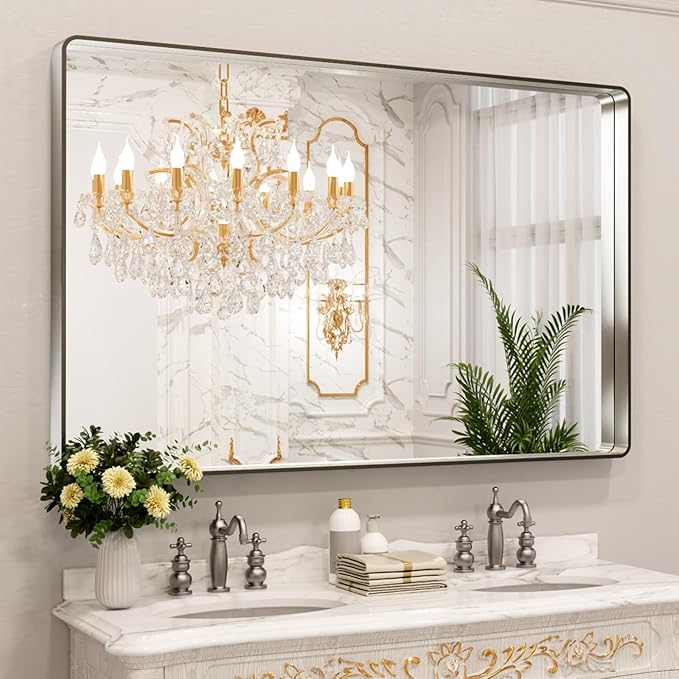 LOAAO 60X40 Inch Brushed Nickel Bathroom Mirror, Rounded Rectangle Silver Metal by LOAAO
