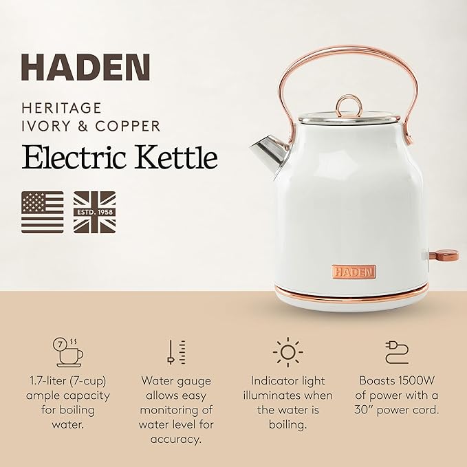 Haden Heritage 1.7 Liter Stainless Steel Electric Kettle, Hot Water Kettle - Image 2