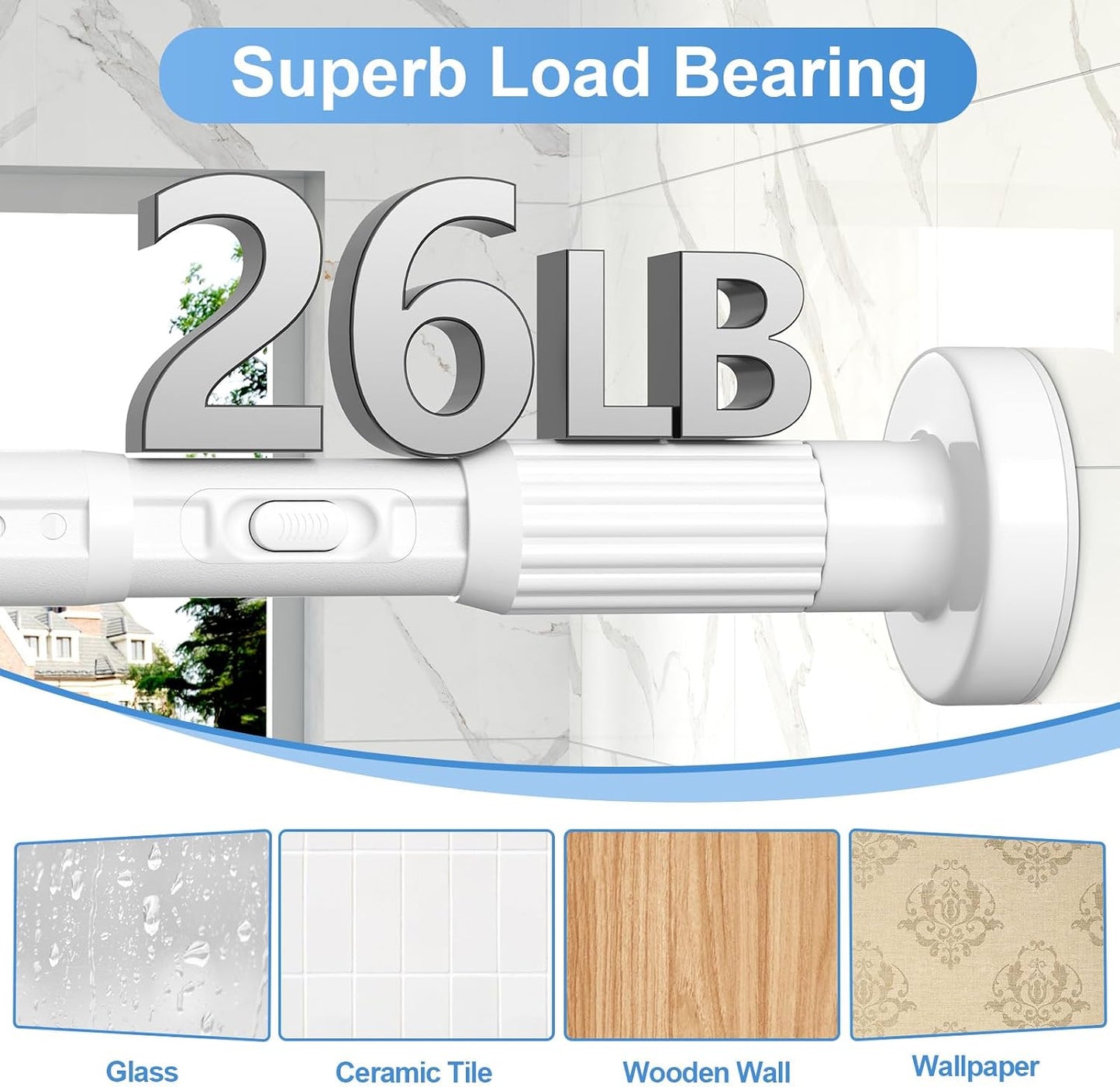 Long Tension Rod 39-144inch White Tension Curtain Rods no Drilling | 1.26" Diameter Outdoor Curtain Rod for Patio,Windows,Anywhere Heavy Duty Spring Rods Adjustable