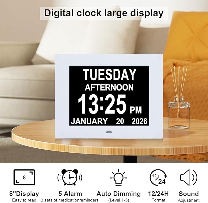 Digital Dementia Alarm Clock 8 inch Large Display, Electronic Calendar Clock - Image 2