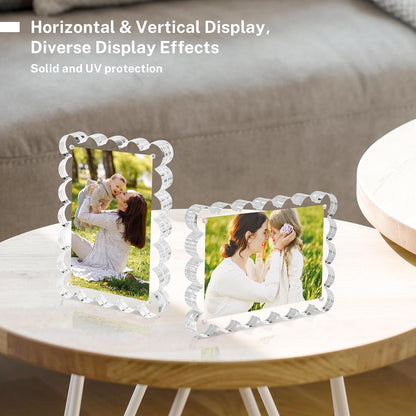 HOUSE DAY Acrylic Picture Frames 5x7 Acrylic Frame, 3 Pack Scalloped Magnetic 5x7 Picture Frame, Double Sided Clear 5 x 7 Photo Frame, Frameless FreeStanding 5 x 7 Picture Frames Gift for Desktop Display