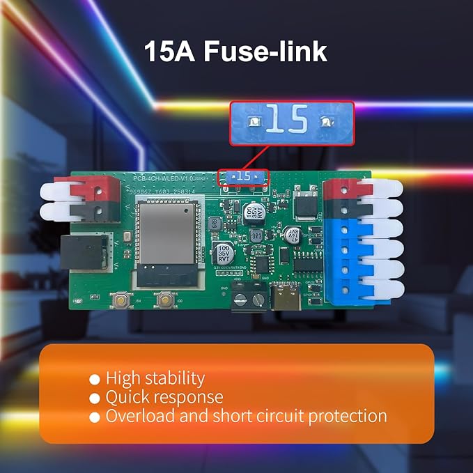 ESP32 WLED LED Strip Light Controller 4 Channel Output 15A Fuse Link Level - Image 4