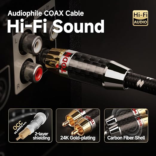TODN Audiophile Digital Coaxial Audio Cable RCA to RCA Male Subwoofer Cable - Image 5