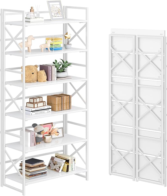 4NM 6 Tiers No Assembly Book Shelves, 61.8" H Folding Bookshelf Bookcase Open by 4NM