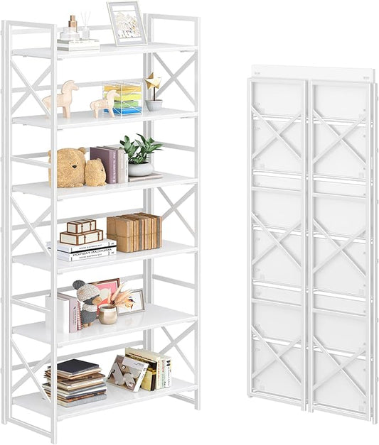 4NM 6 Tiers No Assembly Book Shelves, 61.8" H Folding Bookshelf Bookcase Open by 4NM