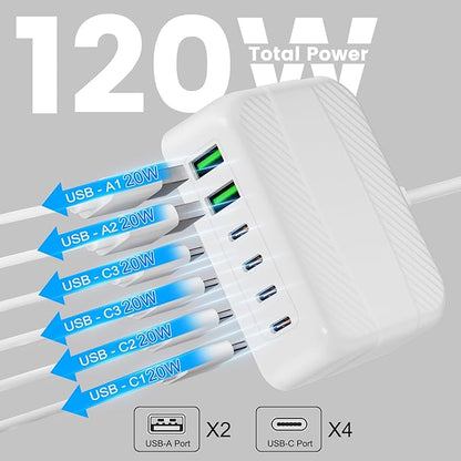 USB C Charger Block, 120W 6 Port USB Charging Station, Portable PD Fast Wall - Image 2