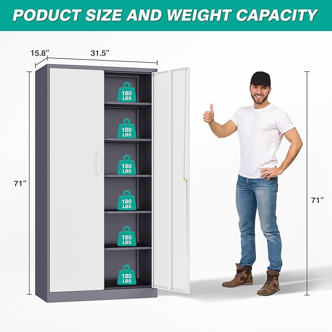 Metal Storage Cabinet with 2 Doors and 6 Shelves, Locking File Cabinet - Image 3