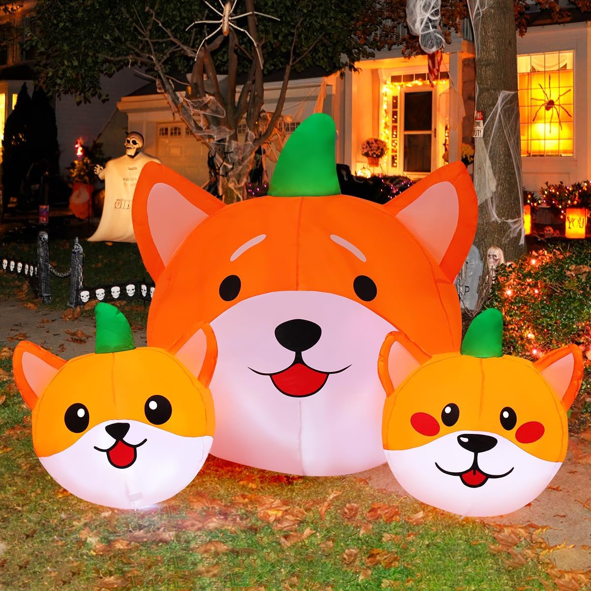 GOOSH 5 FT Long Halloween Inflatables Pumpkin Dog Outdoor Decorations Blow Up...