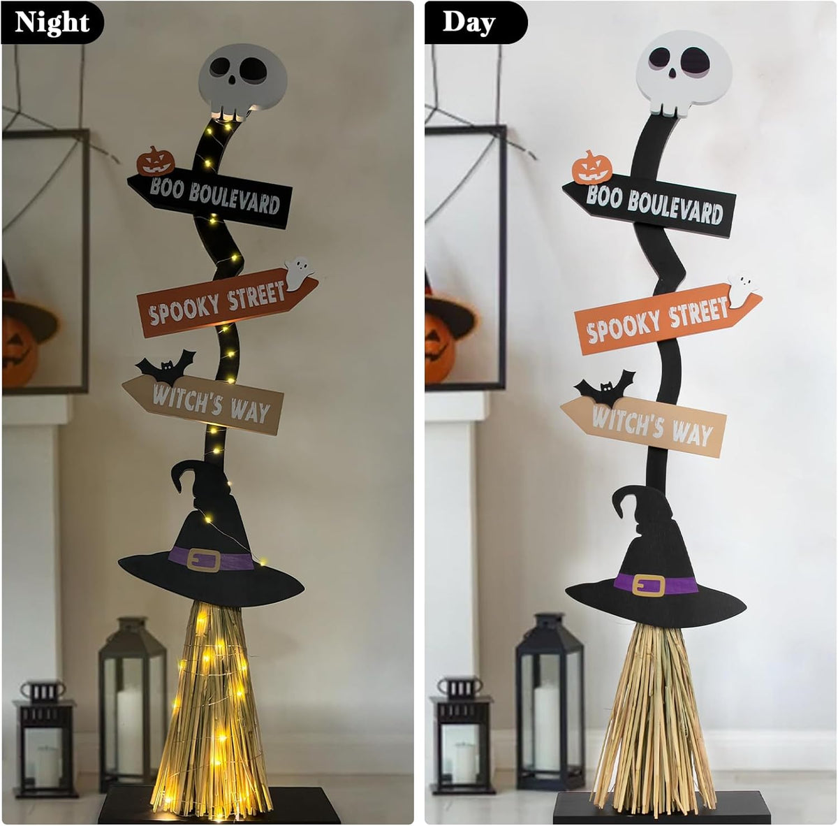 Lighted Halloween Wooden Witch Broom for Indoor Outdoor Decorations