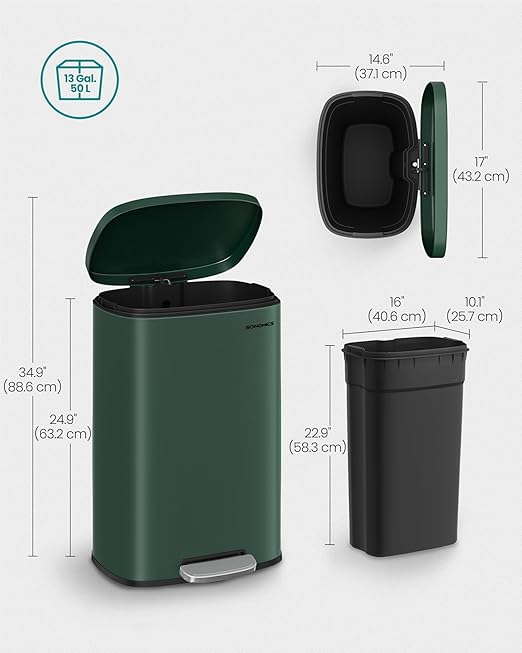 SONGMICS 13 Gallon Trash Can, Stainless Steel Kitchen Garbage Can, Recycling or - Image 6