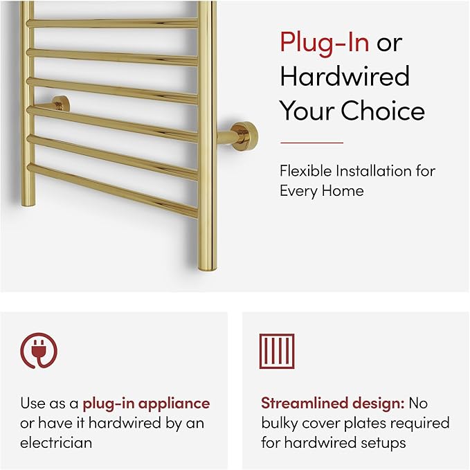 Heated Towel Rack, 10-Bar Wall-Mounted Electric Towel Warmer, Polished Gold - Image 10