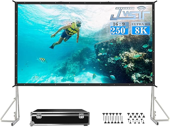 250 inch Projector Screen with Stand, Upgraded 3 Layers PVC 16:9 Large Outdoor by JWSIT