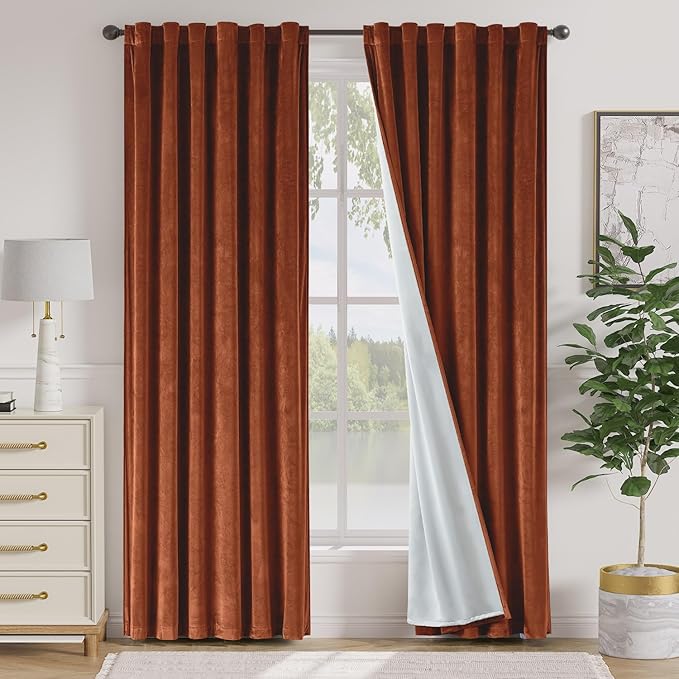 Lazzzy Burnt Orange Velvet Blackout Curtains 90 Inches Long Thermal Insulated by Lazzzy