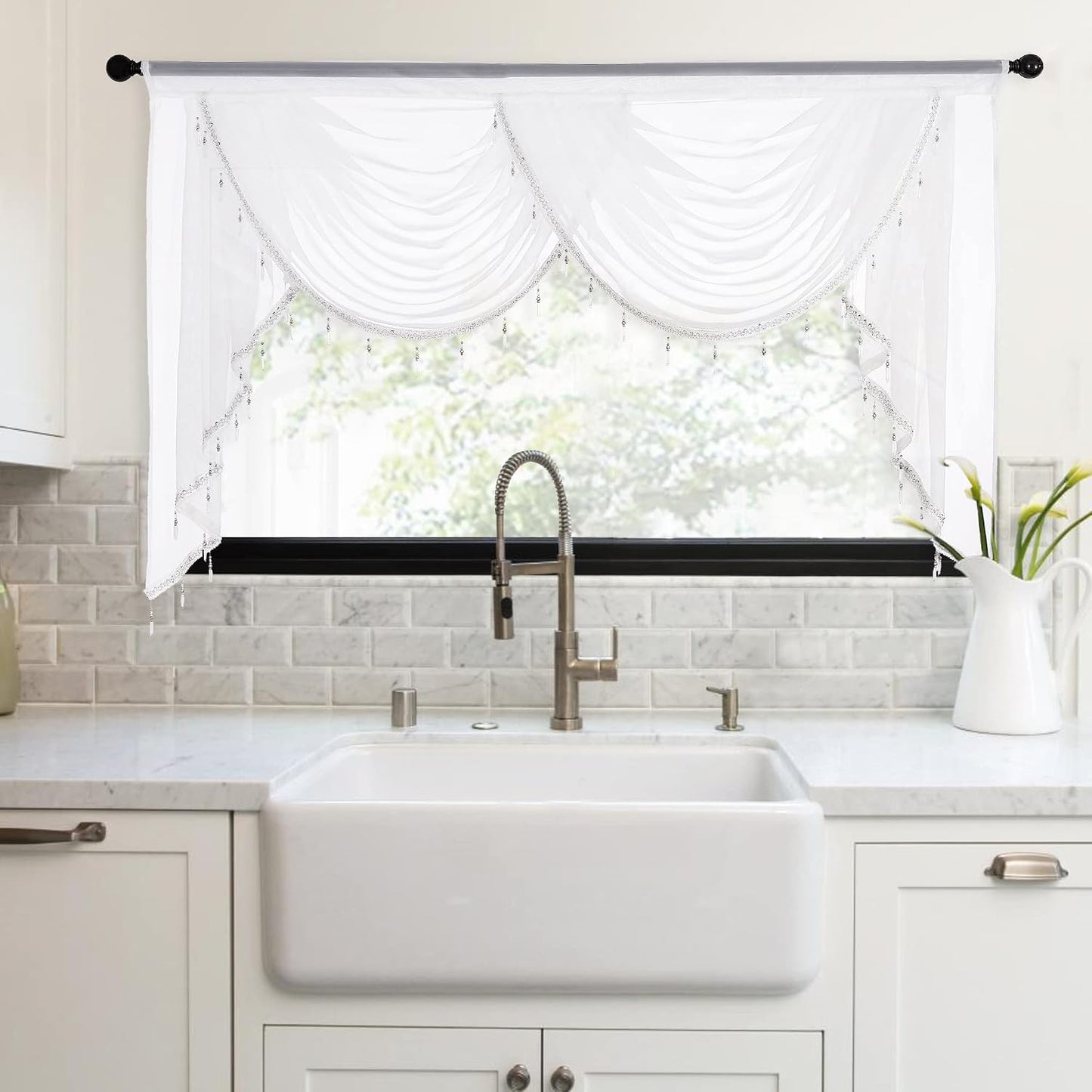 NICETOWN Swag Valance for Living Room Farmhouse Waterfall Valance Kitchen Sheer Curtains Country Beaded Curtains for Nursery Baby Bedroom, 1 Panel, White, W59
