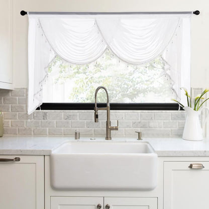 NICETOWN Swag Valance for Living Room Farmhouse Waterfall Valance Kitchen Sheer Curtains Country Beaded Curtains for Nursery Baby Bedroom, 1 Panel, White, W59