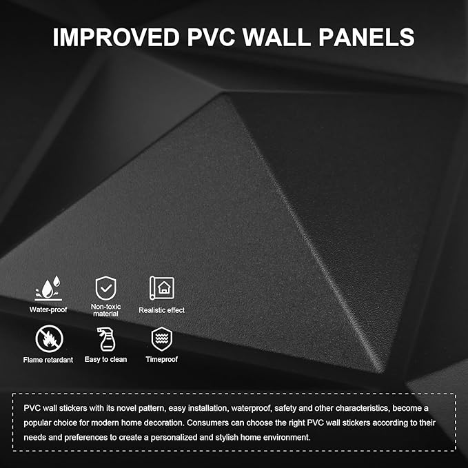 Greymond Black PVC 3D Wall Panels, 33 Pack 11.8''x11.8''Geometric Design - Image 3