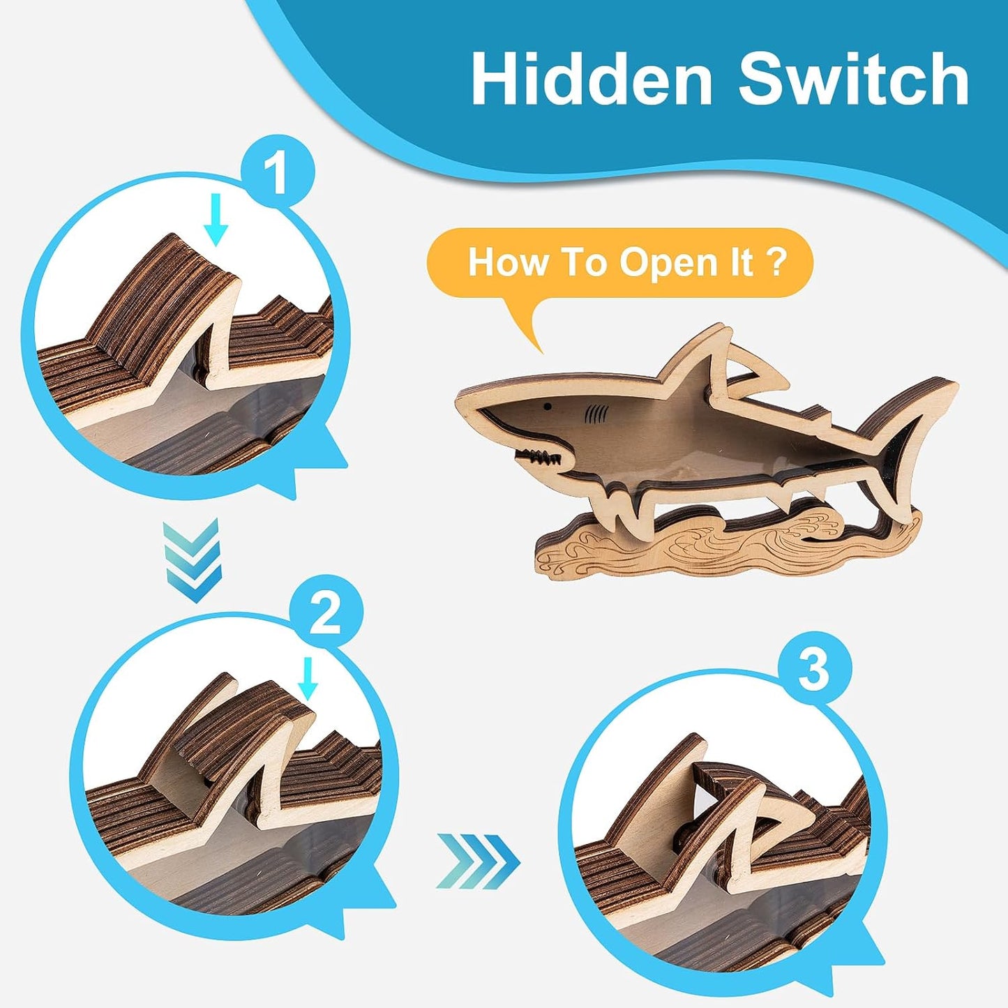 Shark Tooth Display Case 8.7 Inch,Wooden Shark Tooth Holder,Wood Shark Tooth Shadow Box,Shark-Shaped Display for Shark Tooth Collectors,Gifts for Vacation Beach Home Decor