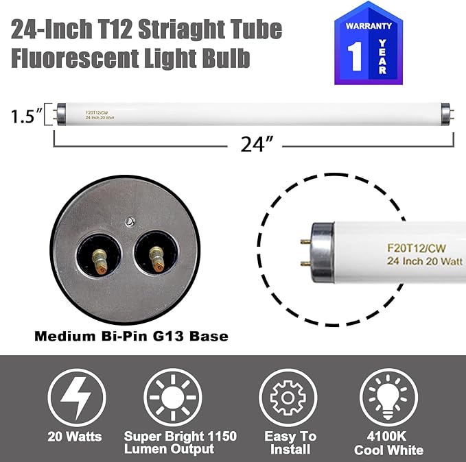 24 Inch T12 Fluorescent Tube Light Bulb 20 Watt Cool White, F20T12/CW 4100K - Image 2