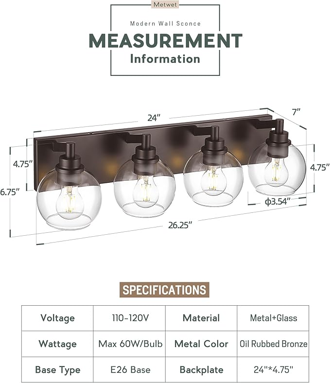METWET Bathroom Light Fixtures Over Mirror, 4-Light Oil Rubbed Bronze Bathroom - Image 2